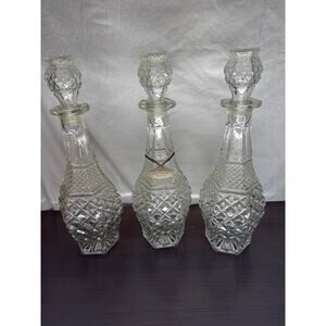 Vintage Anchor Hocking Wexford Clear Glass Diamond Cut Decanters- Set of 3